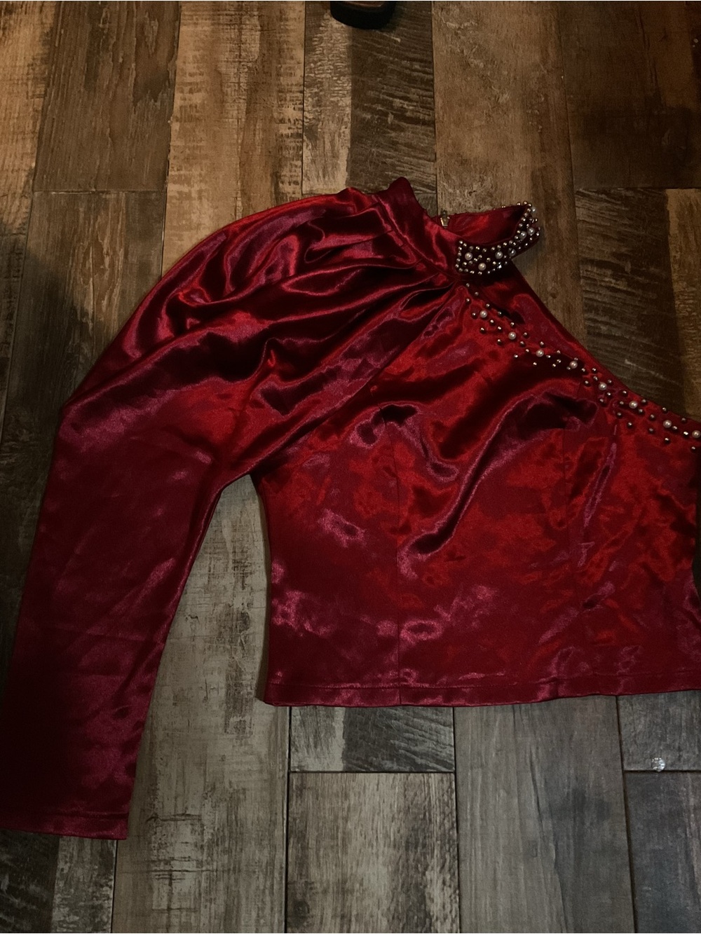 SHEIN Red Satin Beaded Long-Sleeve Crop Top